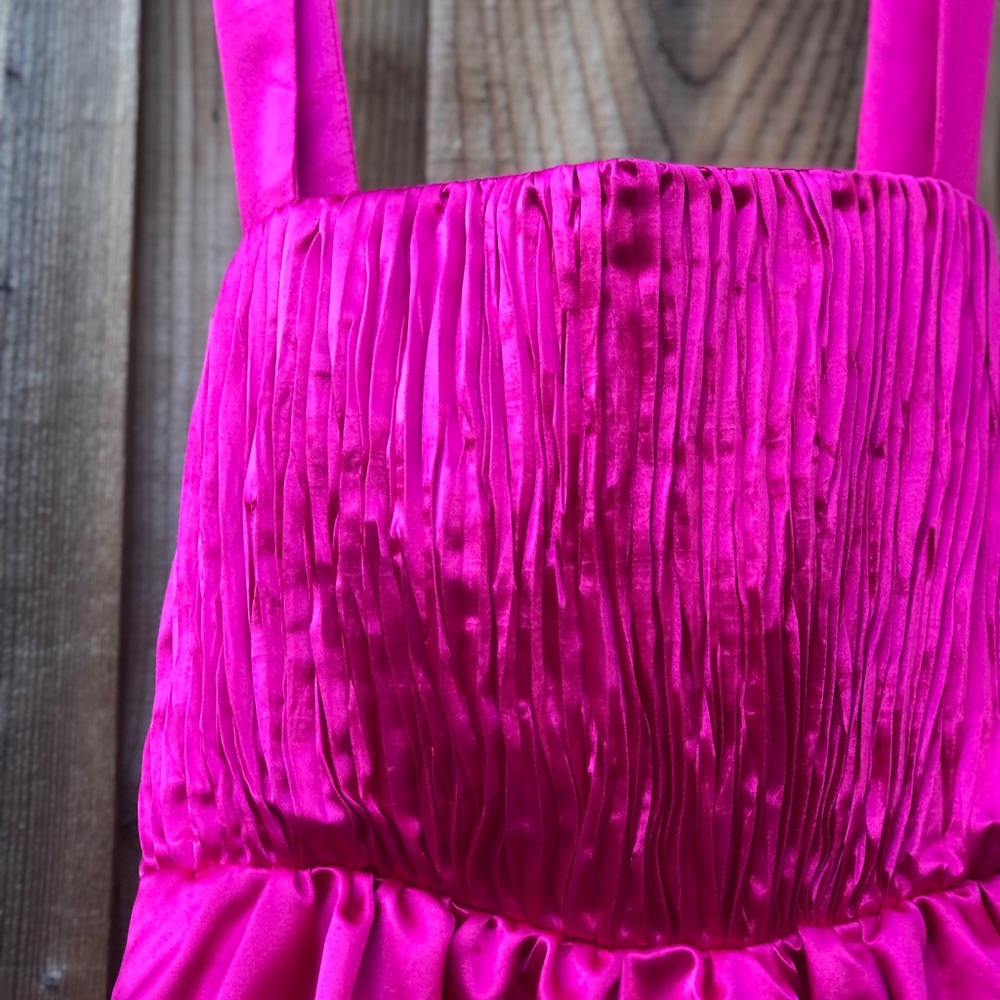 Anthropologie Maeve Fuchsia Bow-Tie Satin Pleated Smocked Back Mini Dress size 4 - Picture 7 of 10
